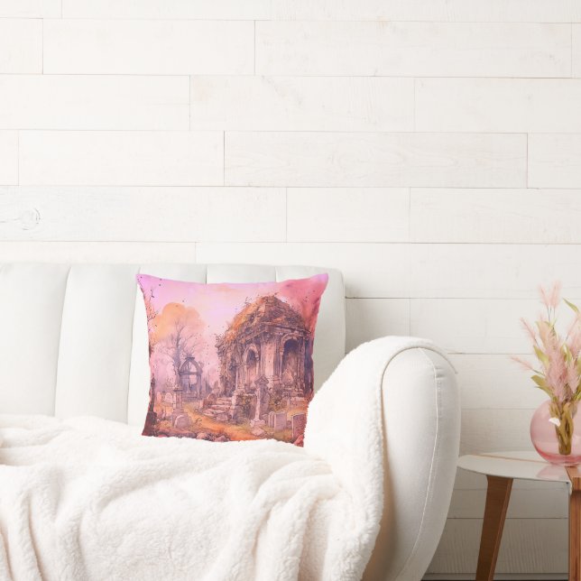 Creepy and Spooky Cemetery Pink Halloween Throw Pillow (Couch)