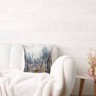 Creepy and Spooky Cemetery Pink Halloween Throw Pillow