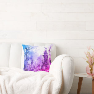 Creepy and Spooky Cemetery Purple & Blue Halloween Throw Pillow