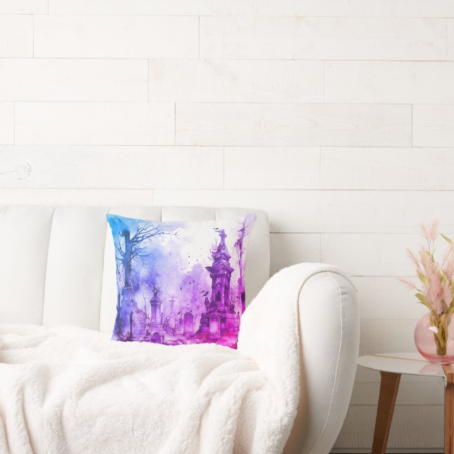 Creepy and Spooky Cemetery Purple & Blue Halloween Throw Pillow (Couch)