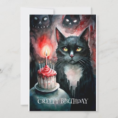 Creepy B_Day Cat With Cake And Ghostly Creatures Holiday Card