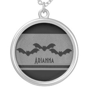 Creepy Bats Halloween Necklace, Light Gray Silver Plated Necklace
