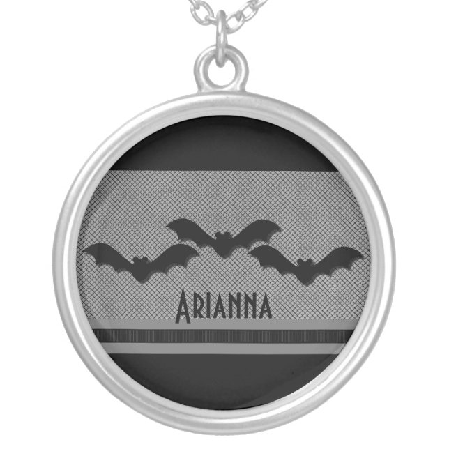Creepy Bats Halloween Necklace, Light Gray Silver Plated Necklace (Front)