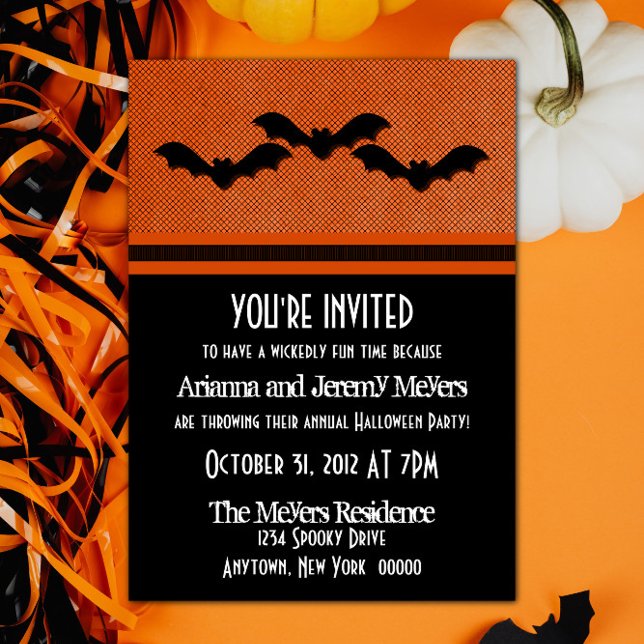 Creepy Bats Halloween Party Invite, Orange Invitation (Creepy Bats Halloween Party Invite - Orange)