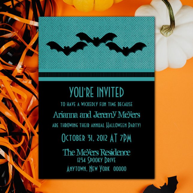 Creepy Bats Halloween Party Invite, Teal Invitation (Creepy Bats Halloween Party Invite - Teal)