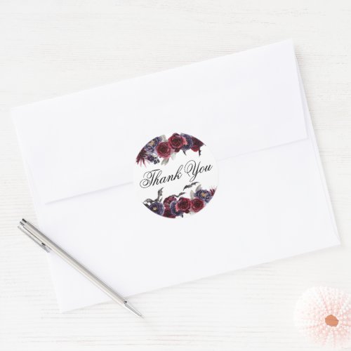 Creepy Beautiful  Dark Floral with Bats Thank You Classic Round Sticker