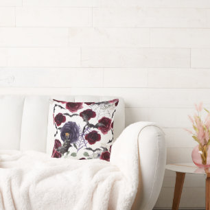 Creepy Beautiful Dark Gothic Roses with Bats Throw Pillow