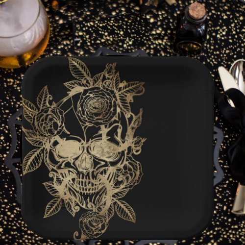 Creepy Beautiful  Gold Grunge Skull with Rose Paper Plates