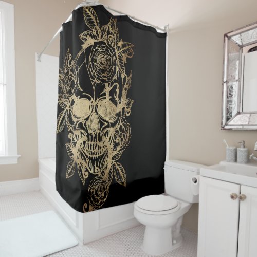 Creepy Beautiful  Gold Grunge Skull with Rose Shower Curtain