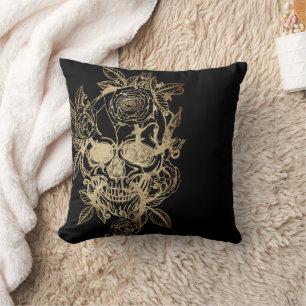 Creepy Beautiful Gold Grunge Skull with Rose Throw Pillow