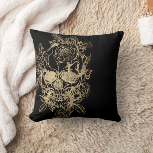 Creepy Beautiful  Gold Grunge Skull with Rose Throw Pillow