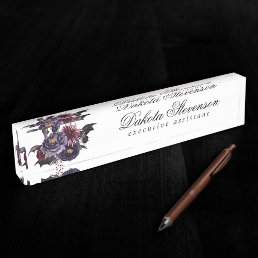 Creepy Beautiful | Gothic Purple Red Floral Bats Desk Name Plate