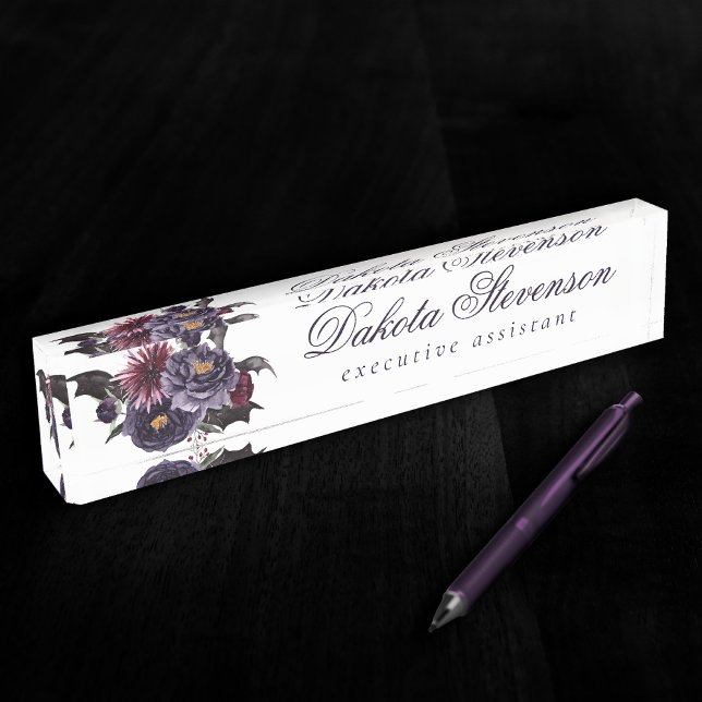 Creepy Beautiful | Gothic Purple Red Floral Bats Desk Name Plate (Creator Uploaded)