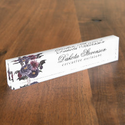 Creepy Beautiful | Gothic Purple Red Floral Bats Desk Name Plate