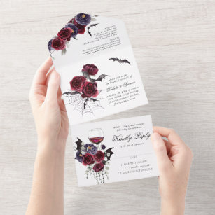 Creepy Beautiful   Gothic Red Purple Floral Bats All In One Invitation