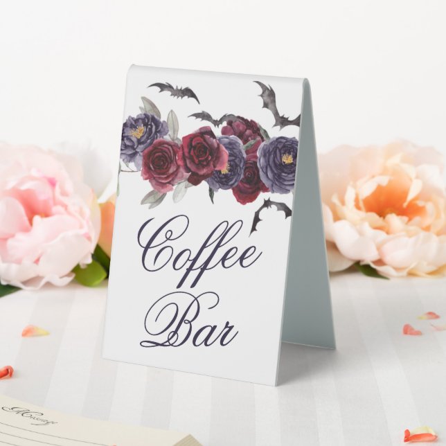 Creepy Beautiful | Gothic Rose and Bat Coffee Bar Table Tent (In SItu (Wedding))