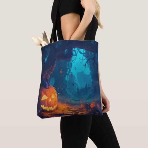 Creepy Big Jack_O Lantern in the Forest Halloween Tote Bag
