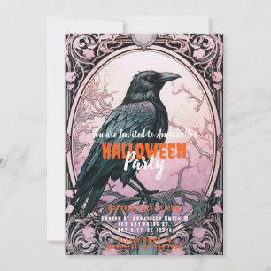 Creepy Black Bird Pink Sky Halloween Party Invitation