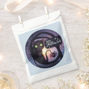 Creepy Black Cat Light Blue Happy Halloween Favor Bag