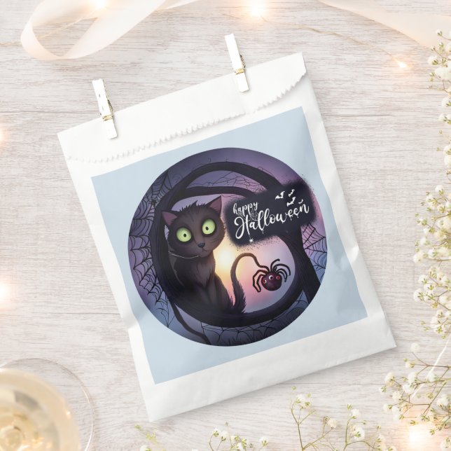 Creepy Black Cat Light Blue Happy Halloween Favor Bag (Clipped)