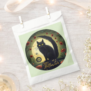 Creepy Black Cat Light Green Happy Halloween Favor Bag