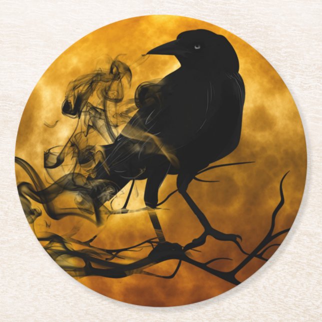 Creepy Black Crow Halloween Round Paper Coaster (Front)