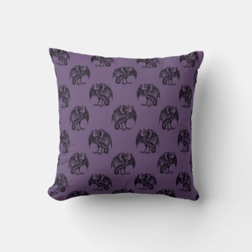 Creepy Black Dragons Pattern Purple Halloween Throw Pillow
