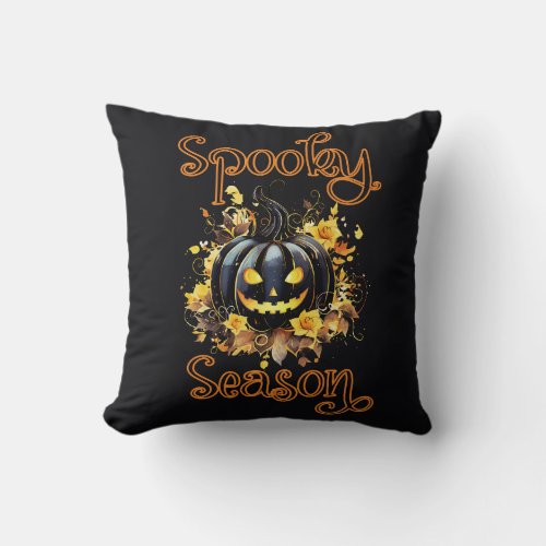 Creepy Black Pumpkin Spooky Season Halloween Throw Pillow