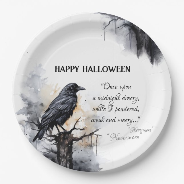 Creepy Black Raven Halloween Paper Plates (Front)