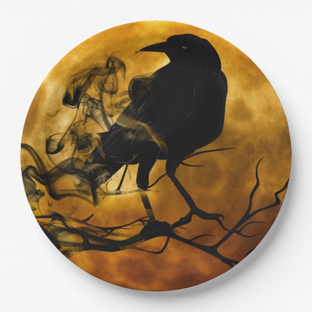 Creepy Black Raven Halloween Paper Plates (Front)