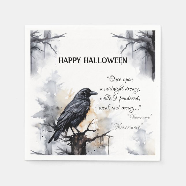 Creepy Black Raven Happy Halloween  Napkins (Front)