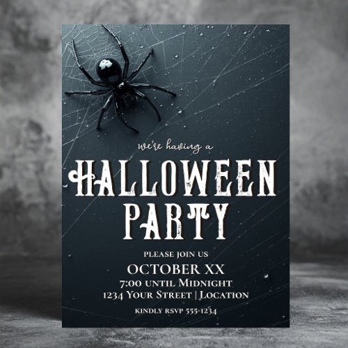 Creepy Black Spider and Web Halloween Party Invitation