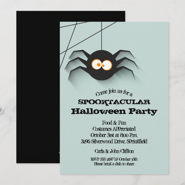 Creepy Black Spider Halloween Party Invitations (Front/Back)