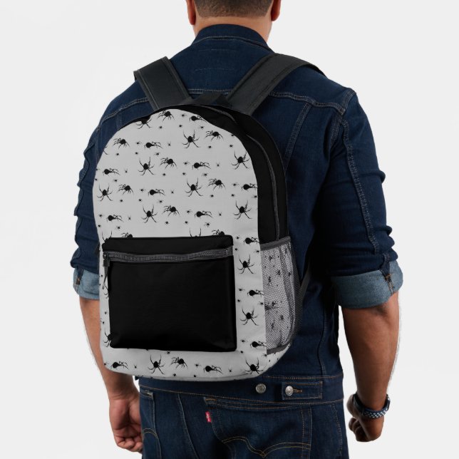 Creepy Black Spider Pattern on Gray Printed Backpack (Insitu (Model))