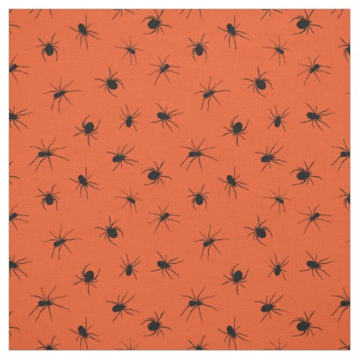 Creepy Black Spiders Patterned on Orange Halloween Fabric