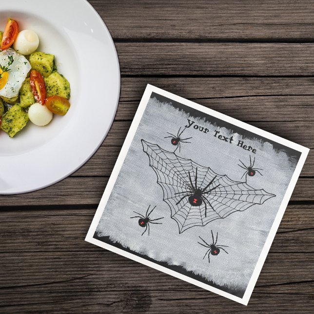Creepy Black Widow Spiders in Web Ragged White Paper Dinner Napkins (Creepy black widow spiders in web on ragged black and white painted look Halloween paper napkins.)