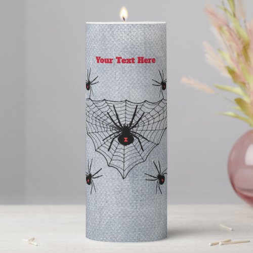 Creepy Black Widow Spiders Red Hourglass in Web Pillar Candle