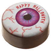 Creepy Bloodshot Eyeball Happy Halloween Chocolate Covered Oreo (Angled)
