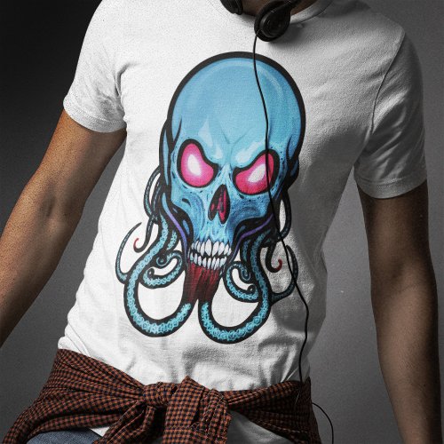 Creepy Blue Gothic Stylized Tentacle Skull Light T_Shirt