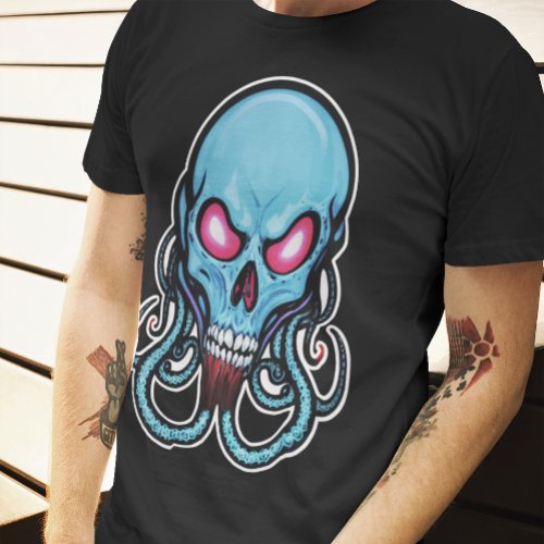 Creepy Blue Gothic Stylized Tentacle Skull T_Shirt
