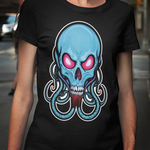 Creepy Blue Gothic Stylized Tentacle Skull T_Shirt