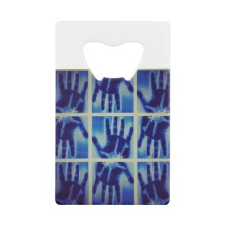 creepy blue hand credit card bottle opener