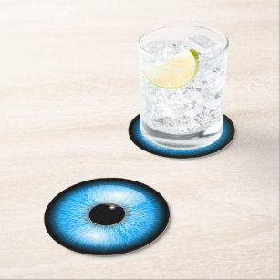 Creepy Blue Realistic Eyeball Halloween Round Paper Coaster