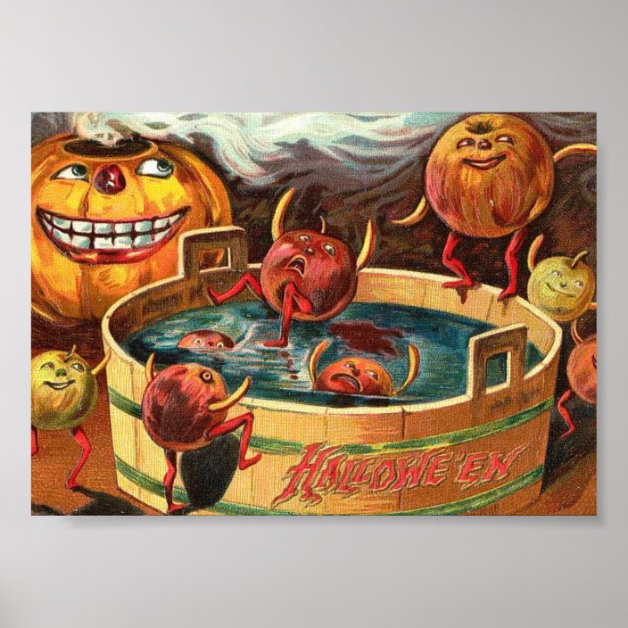 Creepy Bobbing Apples Vintage Halloween Art Print Zazzle Com