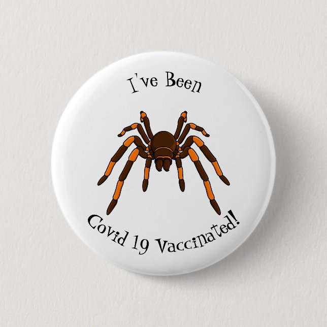 Creepy brown and orange tarantula spider cartoon button (Front)