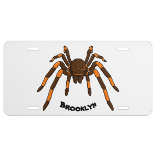 Creepy brown and orange tarantula spider cartoon license plate