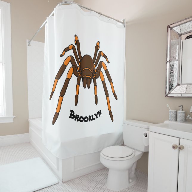 Creepy brown and orange tarantula spider cartoon shower curtain (In Situ)