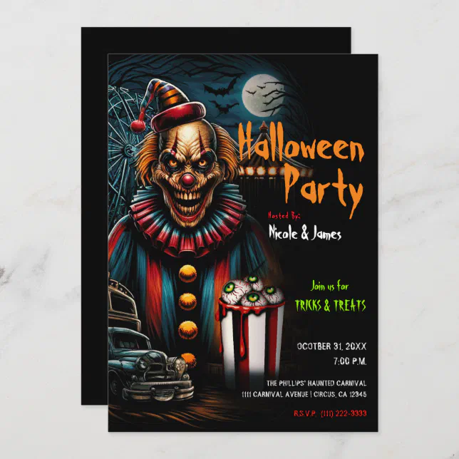 Creepy Carnival Clown Halloween Party Invitation | Zazzle