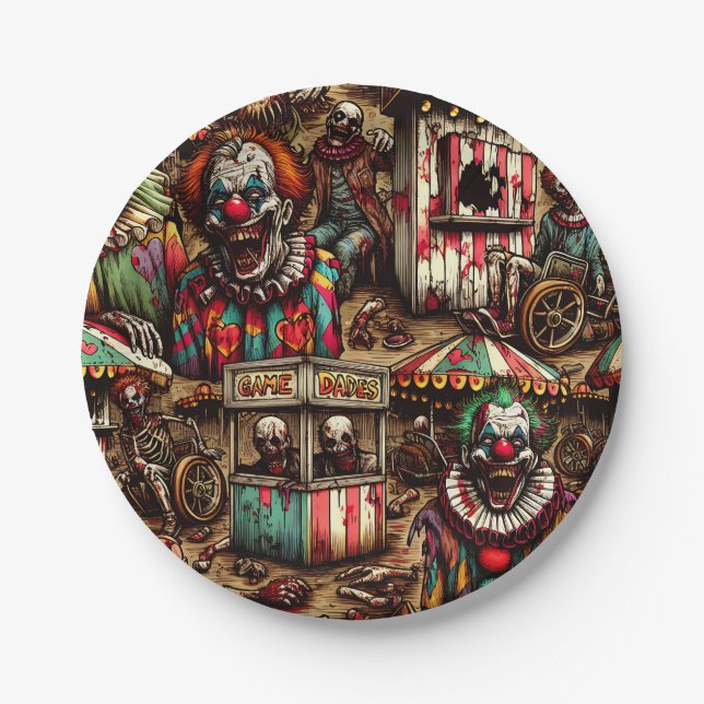 Creepy Carnival Clown Zombie Halloween Paper Plates (Front)