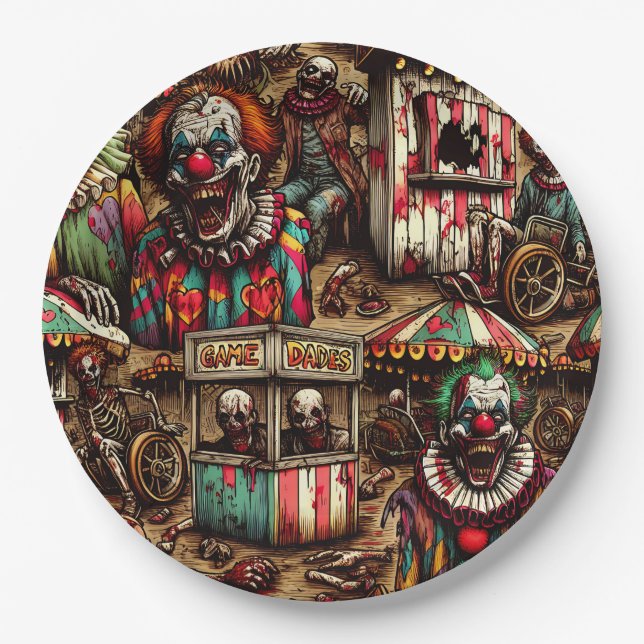 Creepy Carnival Clown Zombie Halloween Paper Plates (Front)